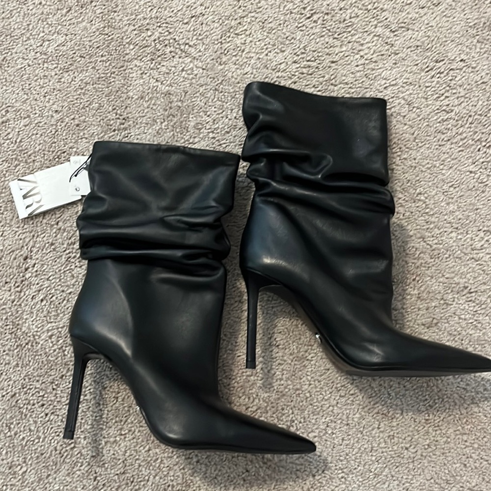 Zara black leather slouchy boots